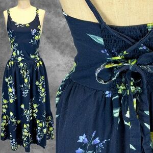 Fruit lemon sun dress sundress open back smocked corset maxi navy blue floral